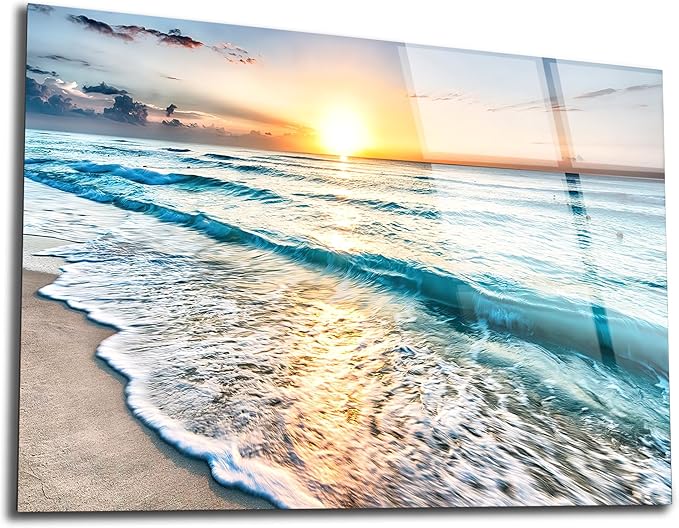 SpiritualHands Sea beach ocean white sand Tempered Glass Wall Art Painting for Living Room, Tempered Glass Modern Prints Decor, Large Vivid Color Panel for Bedroom, Kitchen, or Office