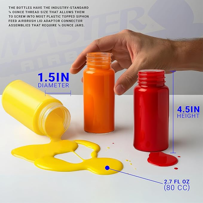 Master Airbrush (Pack of 10 TB-009 Empty 3.4-Ounce (100cc) Plastic Jar Bottles with 30° Down Angle Adaptor Lid Assembly - Fits Dual-Action Siphon Feed Airbrushes, Use with Master Badger Paasche Iwata