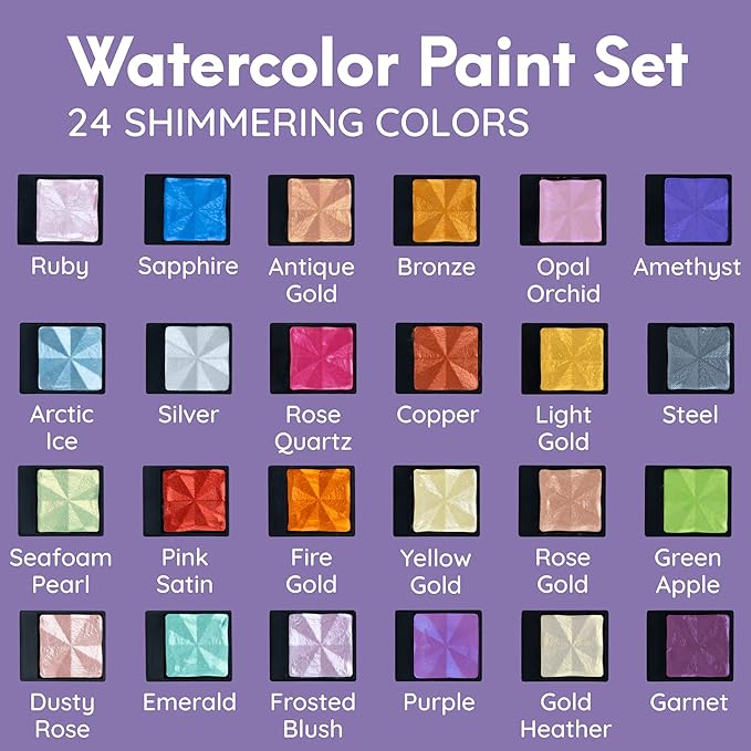 MozArt Supplies Komorebi Professional Metallic Watercolor Set - Portable Metal Box with Safety Lock and Fully Detachable Pans for Easy Customization - 24 Shimmering Colors for Arts and Crafts