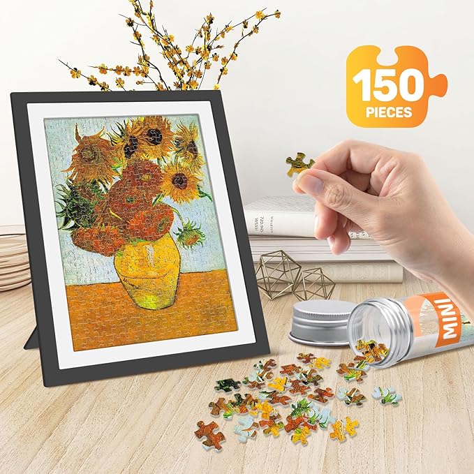 150 Puzzles Mini Jigsaw for Adults & Kids, 6 x 4 Small Capsule Tube Sets - Starry Night Mona Lisa Sunflower Pack