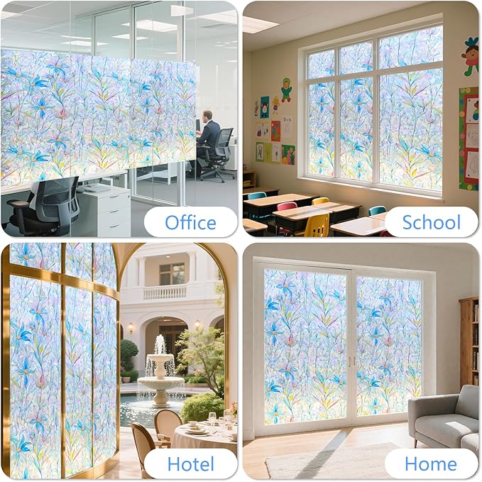 FINNEZ Window Privacy Film Stain Glass Film Flowers Rainbow Window Film Window Clings Non-Adhesive Reusable Decorative for Home（Blue Lotus，45.2 Inch x 6.5 Feet）