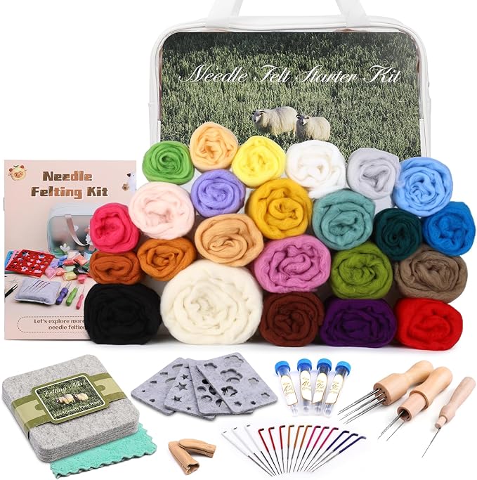 Mayboos Needle Felting Kit, 24 Colors Wool Roving Set, Needle Felting Kit with Felting Tool and Foam Mat Needle Felting Supplies for Beginner DIY Arts and Craft