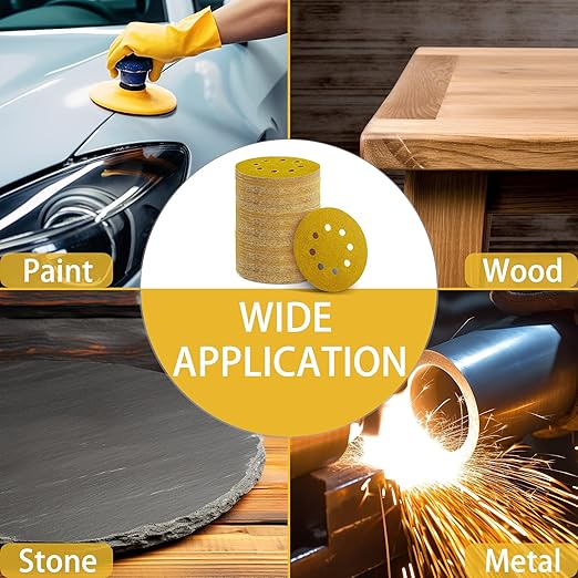 150PCS Gold Sanding Discs Set, 5-Inch 8-Hole Sandpaper for Random Orbital Sander, Including 60,80,120,150,240,320,400 Grit, for Automotive or Woodworking