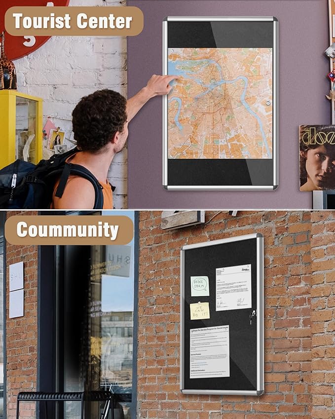 36"x24" Enclosed Bulletin Board, Lockable Weather-Resistant Aluminum Cork Noticeboard for School & Office, Silver Frame w/Black Flet