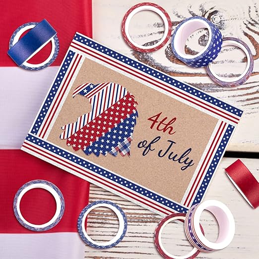 Whaline 12 Rolls 4th of July Washi Tape Patriotic Stars Stripes Washi Masking Tape Red Blue White Plaids Decorative Paper Stickers for Independence Day Scrapbook Gift Wrapping DIY Art Crafts