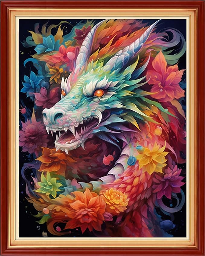 Joyhoor Cross Stitch Kits for Beginners Stamped Cross-Stitch Supplies Needlework preprint Embroidery Kits for Adults DIY Needlepoint Kits Embroidery Patterns 11CT-Colored Dragon Flower 16x20 inchs