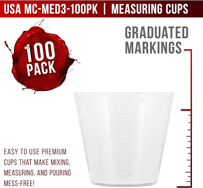 Pouring Masters 3 Oz (90 ml) Liquid Measuring Cups - Plastic Graduated Cup (100 Pack) with 25 Sticks - Reusable Mixing Cups for Paint, Craft, Kitchen, Lab, Medical Supplies, Epoxy Resin, Art