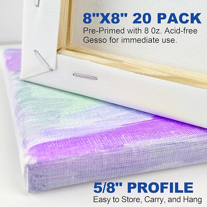 Professional Stretched Canvas Art Supplies, Acrylic, Oil, Watercolor, 20-Pack, 8x8 Inch, 5/8 Inch Profile, Cotton Canvas