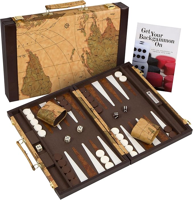 Get The Games Out Backgammon Set, Classic Board Game Case, 2 Players, Includes Strategy & Tip Guide, Perfect for Parties and Family Game Nights - Large, Map