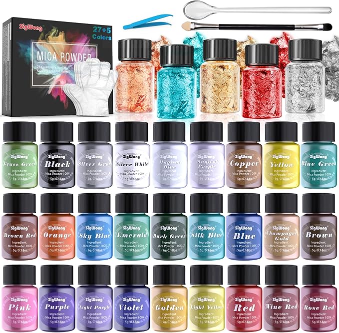Mica Powder - 32 Pearlescent Epoxy Resin Color Pigments Set- Natural Cosmetic Grade Pigment for Soap Dye, Lip Gloss, Nail Polish, Makeup, Epoxy Resin, Candle Making, Bath Bombs, Slime, 5g/0.18oz
