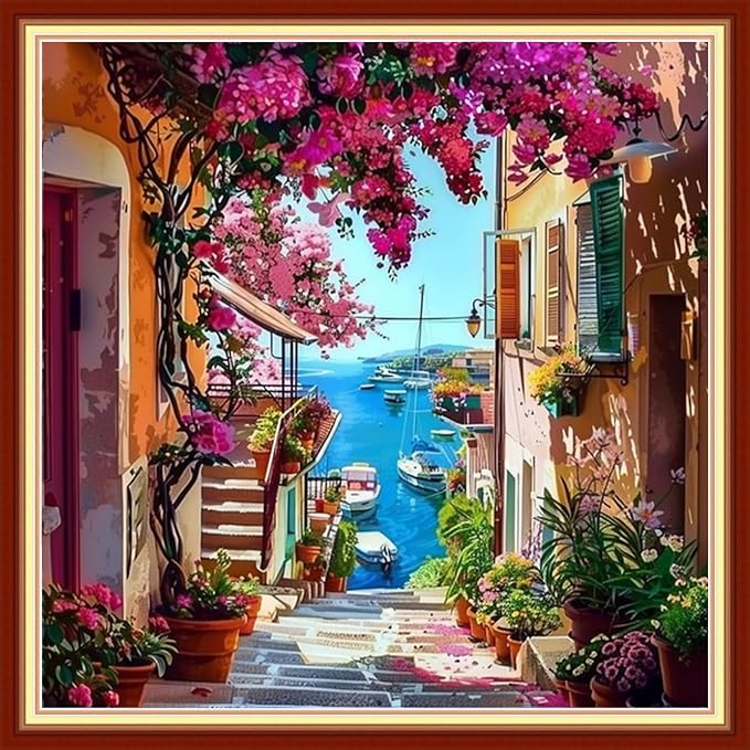 Joyhoor Stamped Cross Stitch Kits for Beginners, Needlepoint Kits for Adults, 11CT Counted Embroidery Kits-Seaside Flower Street 18x18 inchs