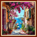 Joyhoor Stamped Cross Stitch Kits for Beginners, Needlepoint Kits for Adults, 11CT Counted Embroidery Kits-Seaside Flower Street 18x18 inchs