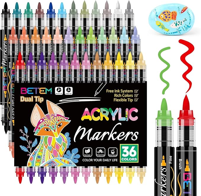 Acrylic Paint Markers Paint Pens, 36 Colors Dual Tip Direct Liquid Acrylic Markers with Automatic Ink Control System, Fine & Brush Tip Art Supplies for Rock Painting, Wood, Stone, Fabrics, DIY Craft