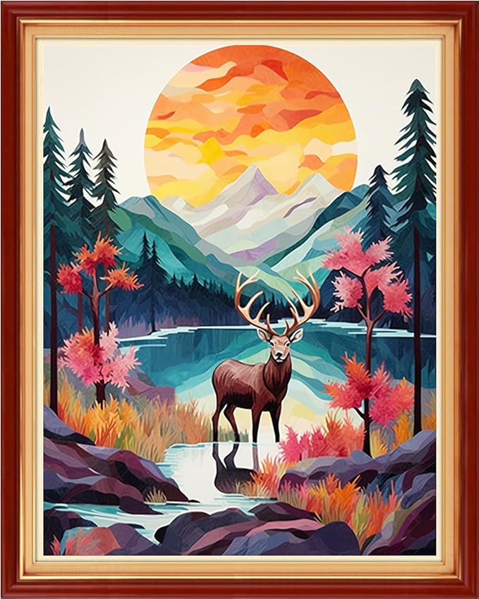 Stamped Cross Stitch Kits - Beach Night Landscape Counted Cross Stitch Kits for Beginners Adults Needlepoint Cross-Stitch Patterns-Sunrise Deer 16x20 inchs