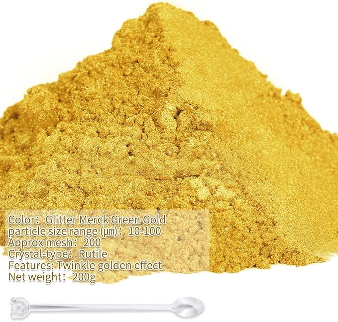 Mica Powder,7.05OZ（200g）,Glitter Merck Green Gold Mica Powder Pigment for Epoxy Resin，Lip Gloss，Car Paint，Dye，Soap Making，Nail Polish,Epoxy Resin,Candle Making,Bath Bombs
