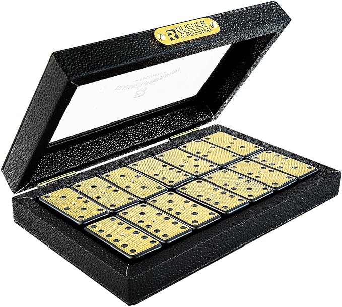 Bucher&Rossini Metal Surface Dominoes Set Double 6 for Adults and Kids - Classic 28Pieces Gold Metal Surface Domino's Game Set Idea Gift Present for Domino Players or Family Game Night