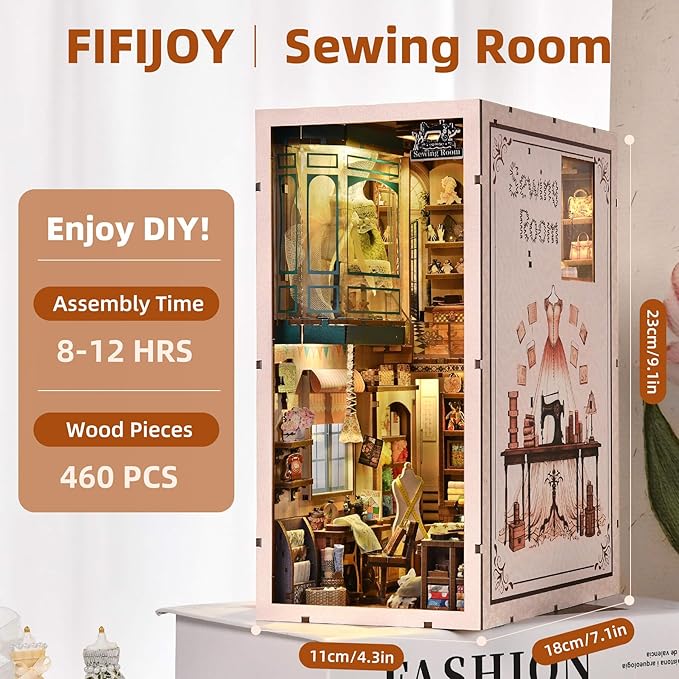 Book Nook Kit, DIY Miniature House Dollhouse Kit for Adults and Teens, 3D Wooden Puzzle Bookend Creative Bookshelf Insert Decor with LED Light, Gifts for Family, Friends (Sewing Room)