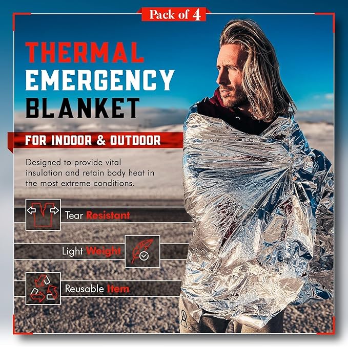 Emergency Blanket 4-Pack Space Mylar Blankets Survival Gear and Supplies Reusable Thermal Camping Hunting Essentials First Aid Car Emergency Kit Prepper Bug Out Bag Foil Warm Cat Cold Snow Winter