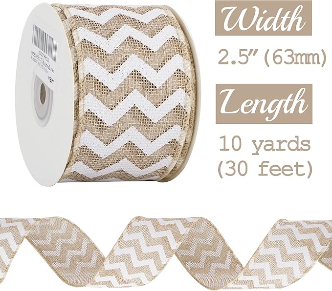 MEEDEE Burlap Ribbon with White Chevron Pattern - 2.5 Inch Wired Ribbon for Cakes, Wreaths, Rustic Decor, Baby Showers, Beach Parties, Farmhouse Gifts - 10 Yards