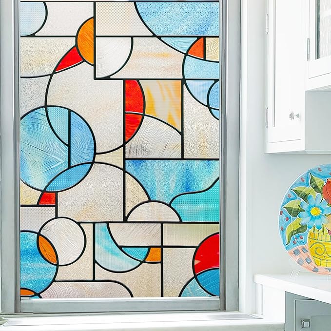 3D Stained Glass Window Privacy Film, Heat Control UV Blocking Static Cling Decorative Window Film for Bathroom,Front Door,Home Non Adhesive,23.6 x 35.4 inches Mondrian Fantasy