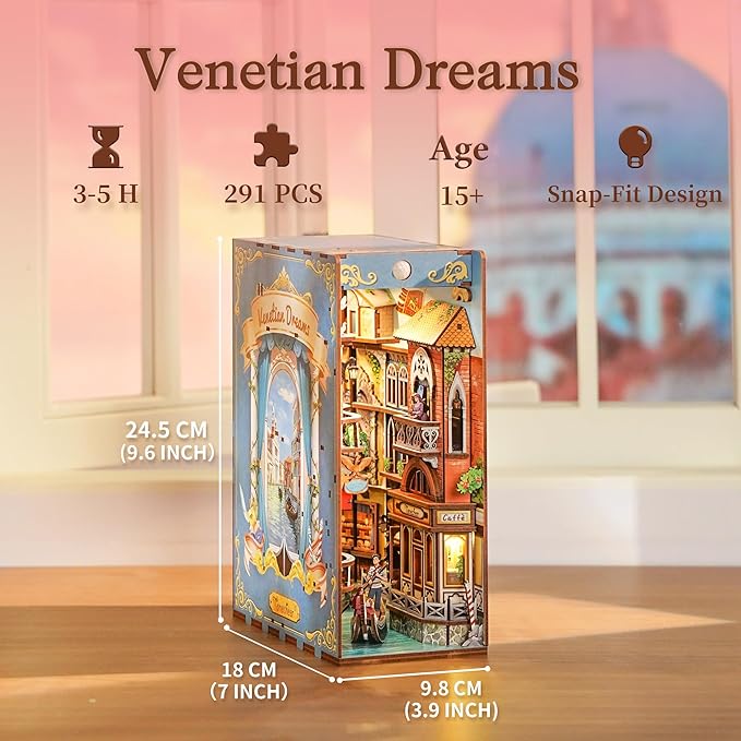 Tonecheer DIY Book Nook Kit for Adults, 3D Wooden Puzzle Bookend Miniature House Kit, Booknook Bookshelf Insert Decor with Dust Cover and LED Lights Gifts (Venetian Dreams)