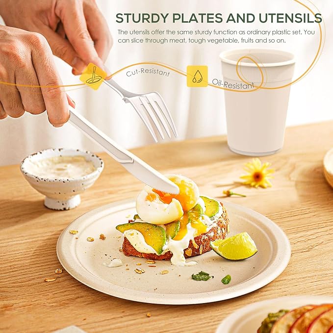 Gezond Compostable Paper Plates - 700pcs Biodegradable Heavy-duty Brown Plates Set for Party