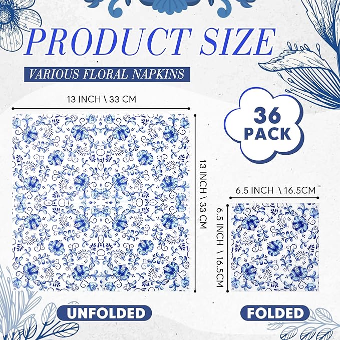 Crtiin 36 Pack 9 Styles Decoupage Napkins Assorted Floral Decorative Decoupage Napkins Chinoiserie Cocktail Paper for DIY Crafting Birthday Party, Each Unfolded 13 Inch(Blue and White Floral)