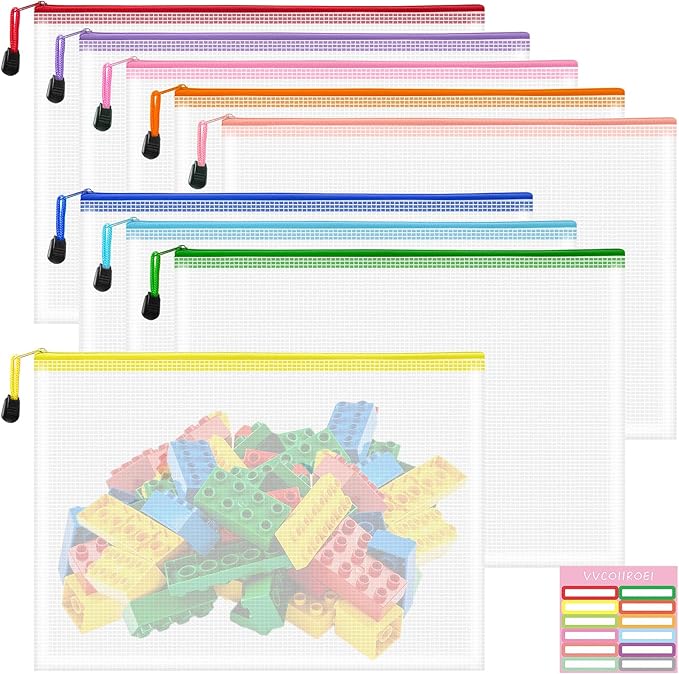 9pcs A4 Mesh Zipper Pouch Bags, 9 Colors, PVC Material, Reusable, Transparent, Zip Closure, Perfect for Toy Storage, Office Organization