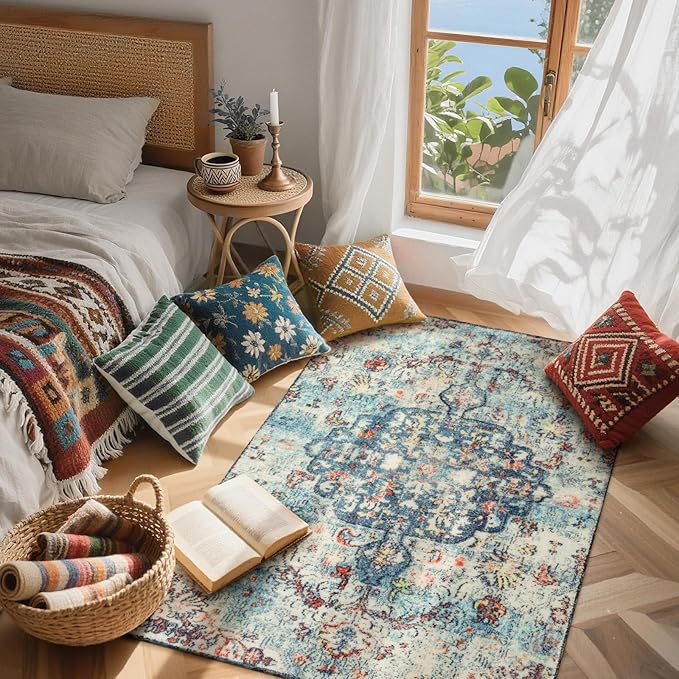 Lahome Bohemian Floral Medallion Area Rug - 3x5 Vintage Teal Distressed Entry Throw Rug Turkish Faux Wool Accent Rug Non-Slip Washable Low-Pile Carpet for Bathroom Entrance Living Bedroom