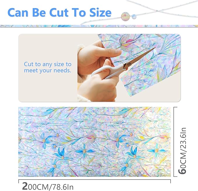 FINNEZ Window Privacy Film Stain Glass Film Flowers Rainbow Window Film Window Clings Non-Adhesive Reusable Decorative for Home（Blue Lotus，23.6 Inch x 6.5 Feet）