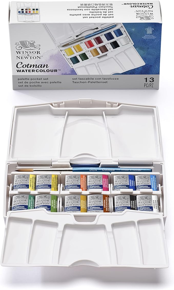 Winsor & Newton Cotman Watercolor Paint Set, Palette Pocket Set, 12 Half Pan w/ Brush