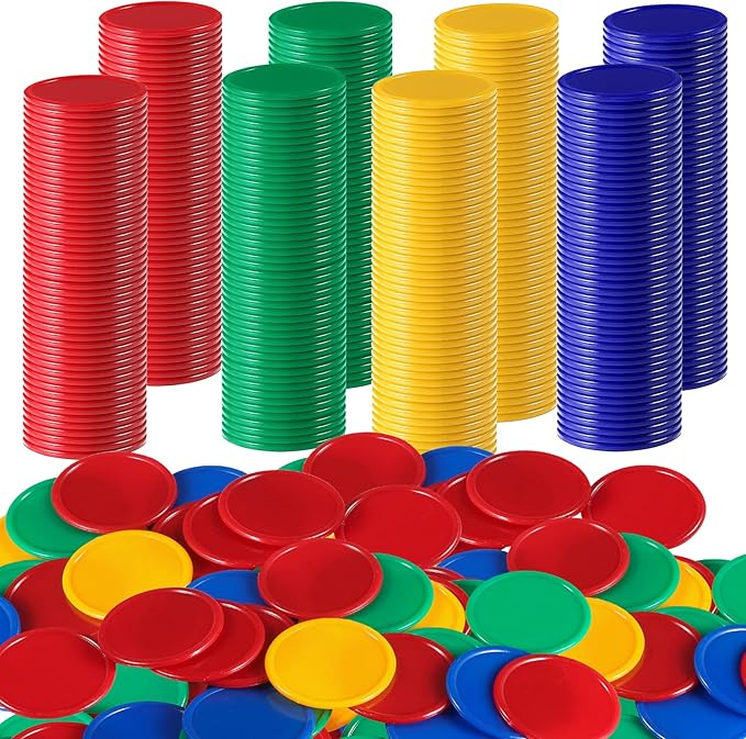 Coopay 1 1/2 Inches Plastic Poker Chips Learning Counters Disks Bingo Chip Counting Discs Markers for Math Practice and Poker Card Game Tokens, Teaching Rewards, 200 Pieces (Red, Green, Blue, Yellow)
