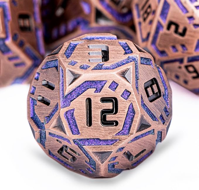 Metal DND Sci-fi Dice Set 7PCS Stripe Polyhedral Dice for Dungeons Dragons RPG Role Playing Game, Glitter D and D Dice with Gift Box D6 D8 D10 D12 D20 (Ancient Bronze&Purple)