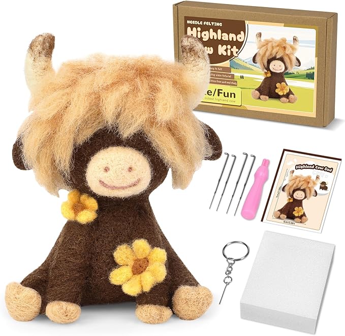 Yizzvb Needle Felting Kit, Highland Cow Needle Felt Beginner Kits with Instruction, Wool, Felting Needles, Felting Pad, Wool Felting Kit for Beginners Home Decoration