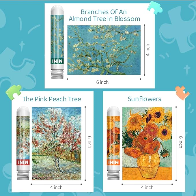 150 Pieces Mini Jigsaw Puzzles for Adults & Kids, 6" x 4" Small Jigsaw Puzzles Capsule Tube Jigsaw Puzzles Intelligent Game, Branches Of An Almond Tree In Blossom The Pink Peach Tree Sunflowers 3 Pack