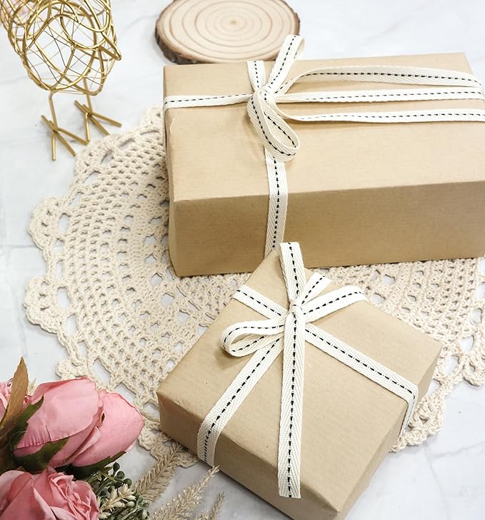CT CRAFT LLC Ivory Cotton Black Stitched Ribbon 3/8" x 10 Yards for Home Décor Gift Present Wrapping DIY Crafts Birthday Wedding Bouquet Christmas