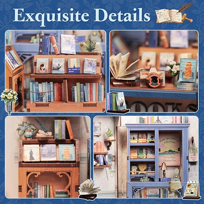 Fsolis Book Nook Kit - DIY Miniature Dollhouse Kit 3D Puzzles for Adult Tiny House Mini Booknook Craft Bookshelf Decor, 186 Wooden Pieces, Gifts for Women Teenagers Book Lovers (Literature Bookstore)