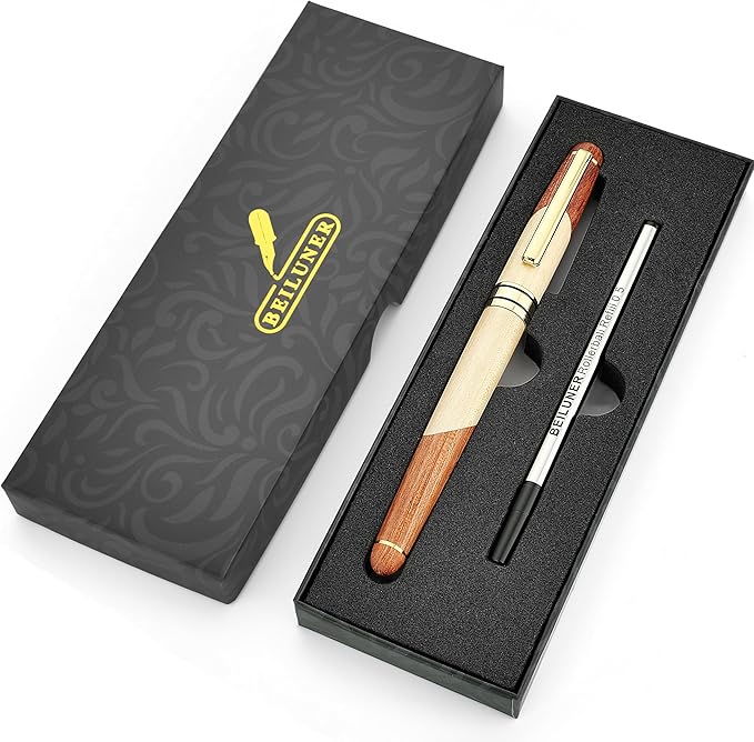 BEILUNER Luxury Wood Ballpoint Pen Writing Set,Maple-Elegant Fancy Nice Gift Pen Set for Signature Calligraphy Office Fancy Nice Supplies - Christmas Gift Boxed with Extra Refills (Black)