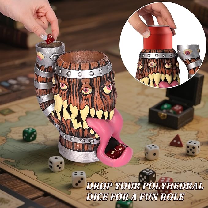 Dice Tower Mug, Dice Rolling Tower, Comes with 7 PCS Dice Set, Suitable for DND Dungeons and Dragons, Tabletop Games, Available As Drink Holder, D&D Gifts, DND Accessories (Original Wood)