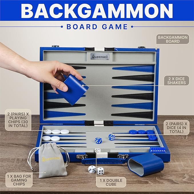 Backgammon Sets for Adults – 15-Inch PU Leather Board Game – Classic 2-Player Travel Backgammon Set with 32 Playing Pieces, Dice, and Cups