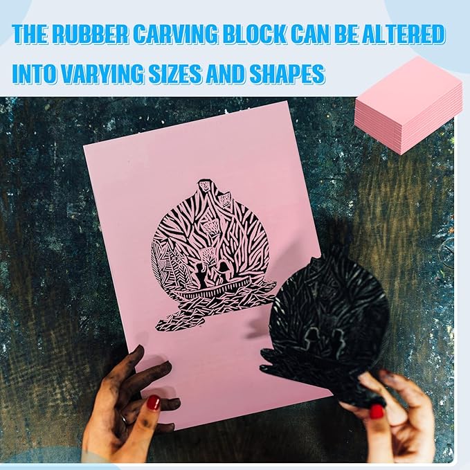 16 Pcs 4" x6“ Pink Rubber Art Soft Linoleum Carving Block, Rubber Crafts Linocut Block for Printmaking,Stamp Carving Block