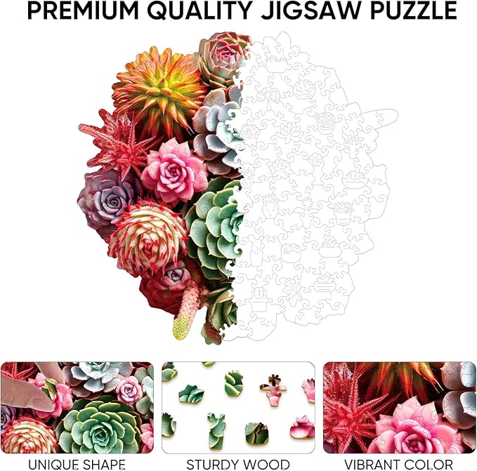 Wooden Puzzles for Adults 500 Piece, Colorful Succulent Puzzle for Mom, Challenging Puzzle, Luxurious Shaped Wooden Puzzles for Family Game 16.7 * 16.3in