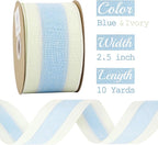 MEEDEE Blue and White Stripe Ribbon Wired Ribbon 2.5 Inch Light Blue Burlap Ribbon with Ivory Stripe Edge Wreath Supplies, Baby Shower Decorations, Crafts Bow Making (10 Yards)