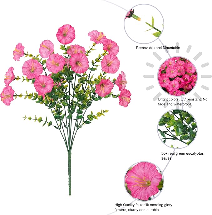Artificial Flowers Fake Plants for Outdoors Decoration, 12 Bundles Pink Silk Morning Glory with Eucalyptus Realistic UV Resistant Faux Flowers Greenery for Outside Planter Yard Garden Home Indoor