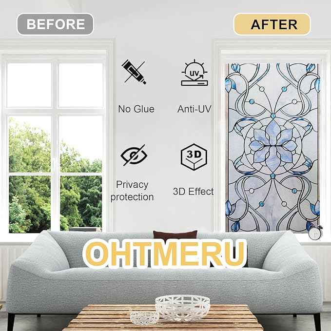 3D Stained Glass Window Privacy Film, Heat Control UV Blocking Static Cling Decorative Window Film for Bathroom,Front Door,Home Non Adhesive,35.4 x 78.7 inches Azure Bloom