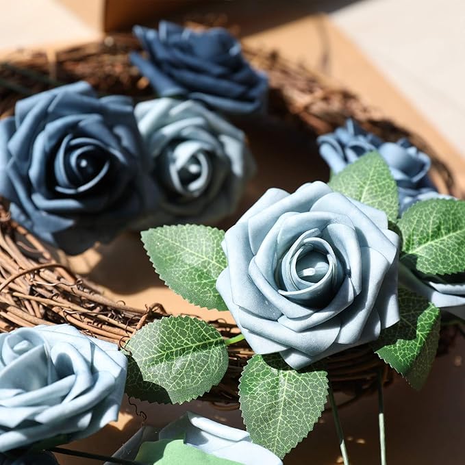 AmyHomie Artificial Flower Dusty Blue Shades Rose 25pcs Real Looking Fake Roses w/Stem for DIY Wedding Bouquets Centerpieces Arrangements Party Baby Shower Home Decorations