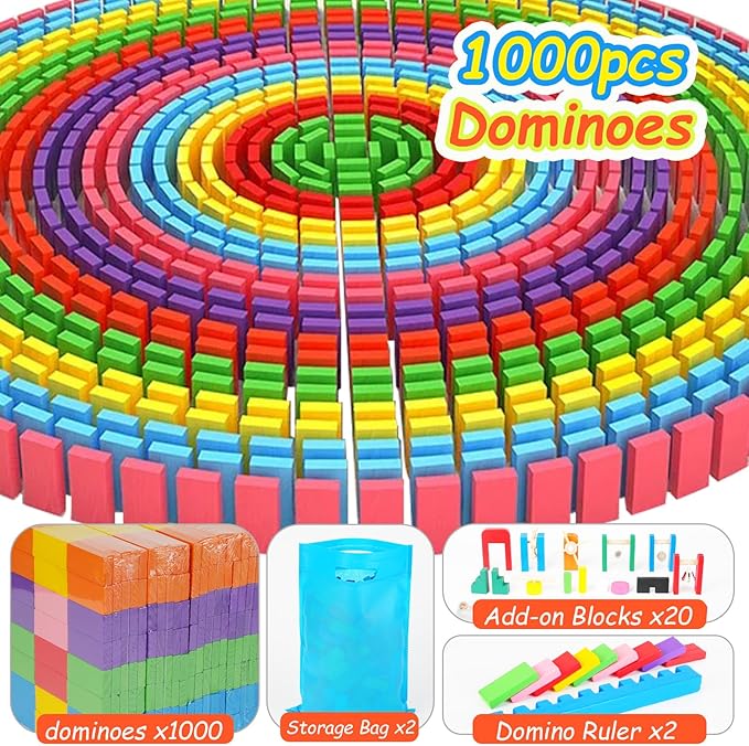 1000 Piece Dominoes Set for Kids with Extra 20 Blocks, Colorful Dominos Tiles for Building, Stacking, Racing, Tumbling, Wood Domino with Storage Bag and Box