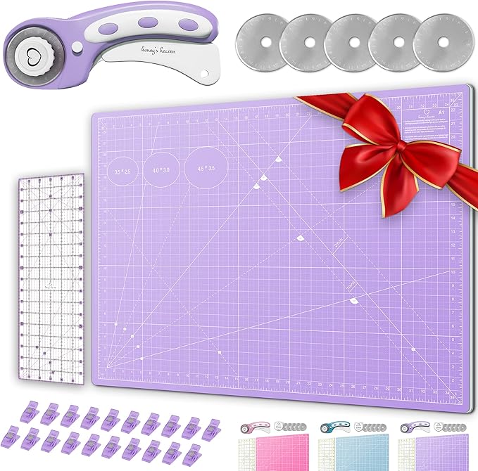 Rotary Cutter Set - Quilting Kit incl. 45mm Fabric Cutter, 5 Replacement Blades - Ideal for Crafting, Sewing, Patchworking, Crochet & Knitting (Lavender, A1 Set (36" x 24"))