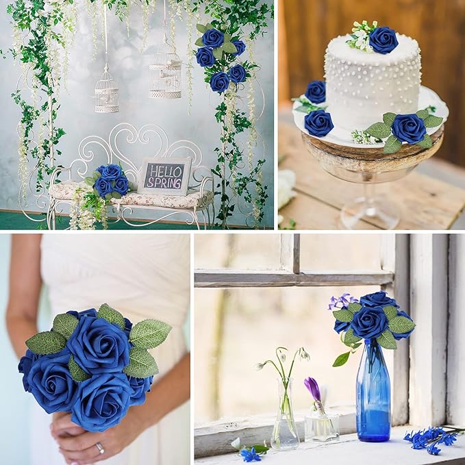 AmyHomie Artificial Flower Royal Blue Rose 25pcs Real Looking Fake Roses w/Stem for DIY Wedding Bouquets Centerpieces Arrangements Party Baby Shower Home Decorations