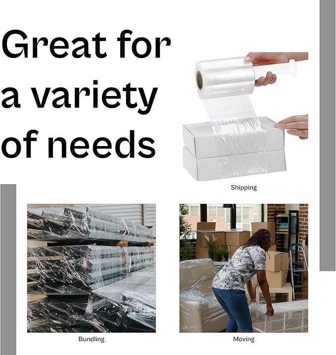PSBM Mini Stretch Wrap with Handle, 12 Pack, 5 Inch x 1000 Feet, 55 Gauge, Clear High Performance Small Plastic Cling Film for Pallets Moving Storing